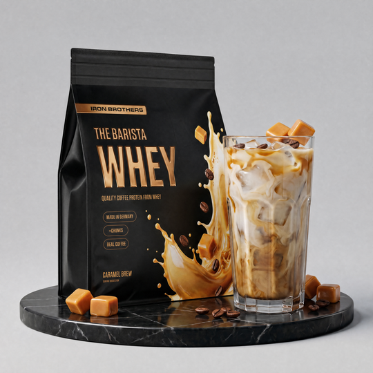 The Barista Whey Proteinkaffee von Iron Brothers Caramel Brew - Karamell Kaffee Geschmack - Design, Wirkung und Geschmack #geschmack_caramel-brew